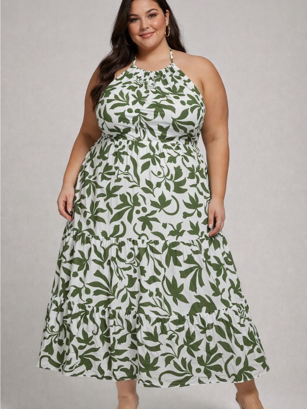 Time& TruWhite & Green Leaf Print Halter Maxi Dress SZ XXL, Tropical Summer Tier